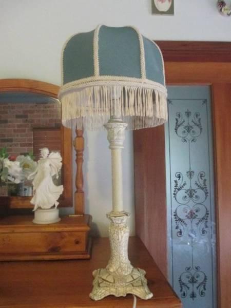 LARGE SHABBY CHIC LAMP WITH GREEN VICTORIAN SHADE