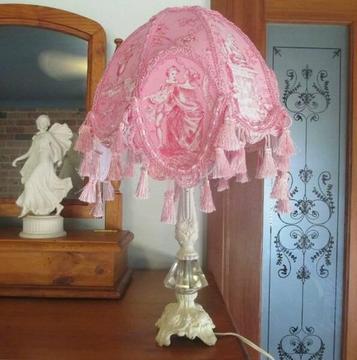 Beautiful Shabby Chic Brass Lamp with Pink French Toile Shade