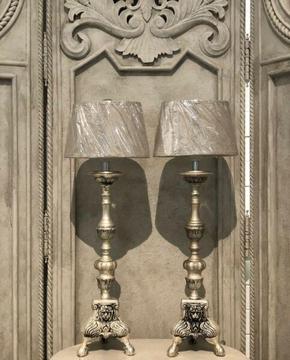 Lion Head Silver Lamp with Linen Shade - Pair Available