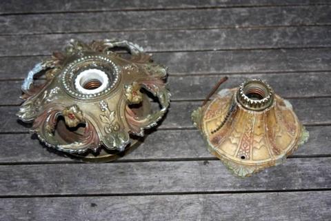 Two 1930s Art Deco Ornate Cast Metal Ceiling Light Fittings Linco