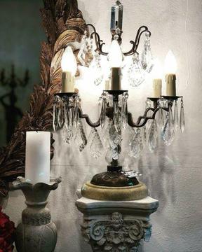 French style brass, marble & crystal lamps