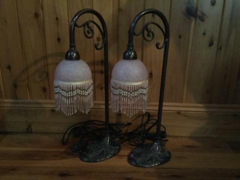 2 Pink Glass Lamps with Ornate Beading, Fringe and Metal Base