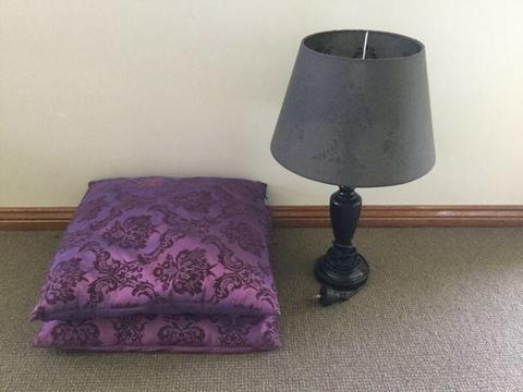 Fleur de lis black lamp shade base with 2 free purple pillow cushions