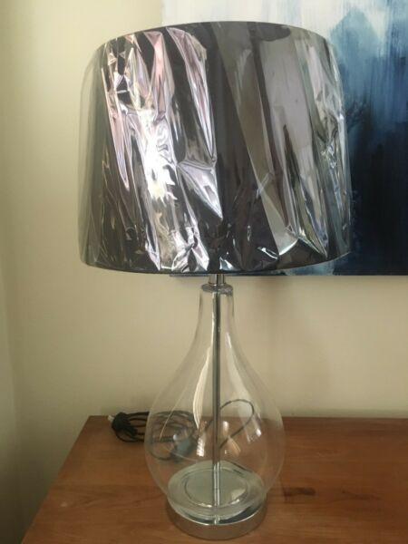 Brand new large glass & black table lamp
