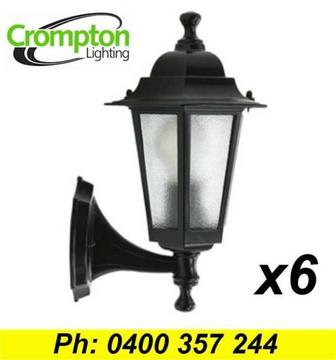 6 x Large Outdoor Coach Lights - Black - Wall Mount Exterior IP44