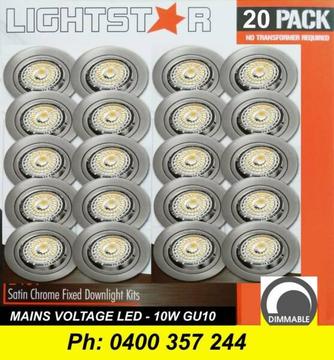 20x DIMMABLE LED Fixed Downlight Kits Satin Chrome 10W 600Lm GU10