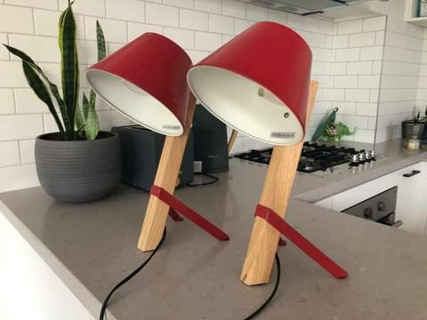 2 red modern industrial timber & metal lamps