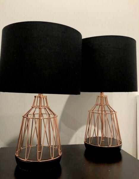 2x rose gold / copper / black bedside table lamps geometric style
