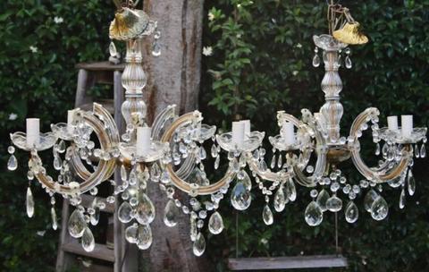 LARGE PAIR CLASSIC 5 ARM VINTAGE GLASS CRYSTAL CHANDELIERS