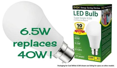 LED Bulb Hi Qual ENSA 6.5W soft bright replaces 40W 10YR WARRANTY