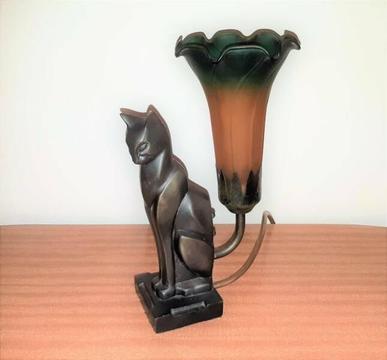 Art Deco Tiffany Style Sitting Bronze Look Cat Lamp
