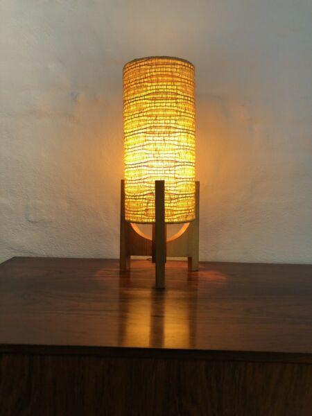 Mid century danish teak and yellow/orange rocket table lamp
