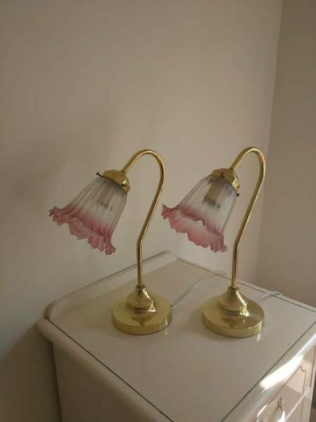 Pair bedside lamps with etched glass on brass stands