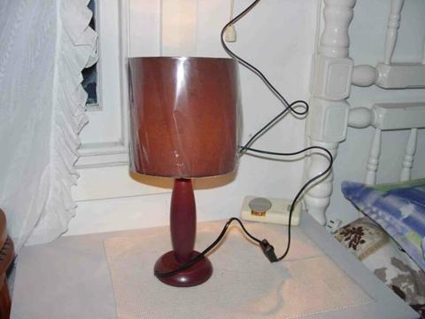 Brand new wooden table lamp with fabric shade, burgundy in colour