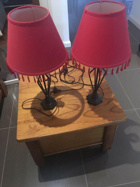 Lamps table/ bedside -used -metal bases with red shades