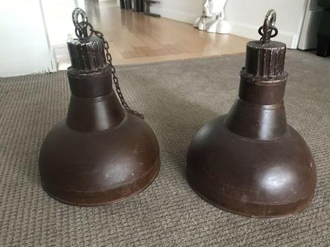 2 rustic metal industrial hanging lights. Vintage lamps