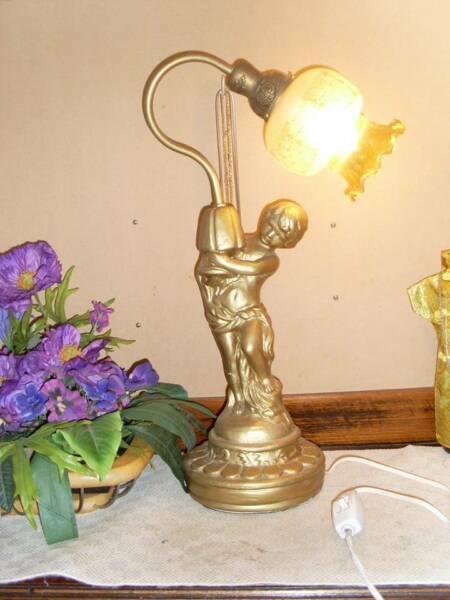 #2 - cherub desk lamp ,gold painted heavy base / glass etching