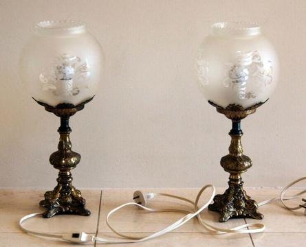 Two x Side/Bedside LAMPS with Metal Base & Glass Shade