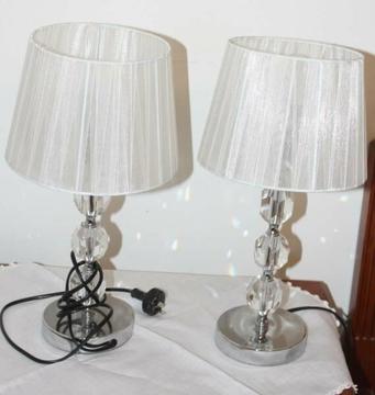 Two Cut Glass Silver Base White Ribbon Shade Bedside Lamps
