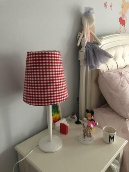 Bedside table or desk lamp (White stand, red and white shade)