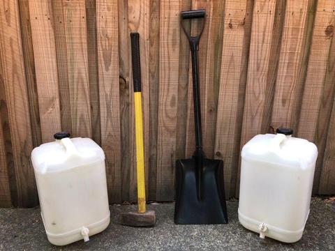 Block splitter, shovel and 2 x 20litre water containers with taps