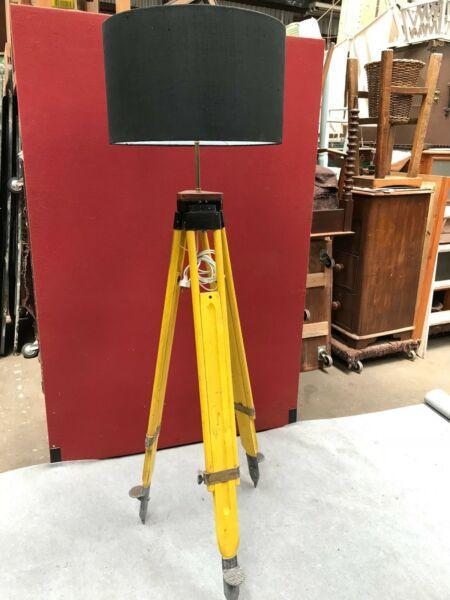 Yellow surveyors tripod lamp with new black lampshade