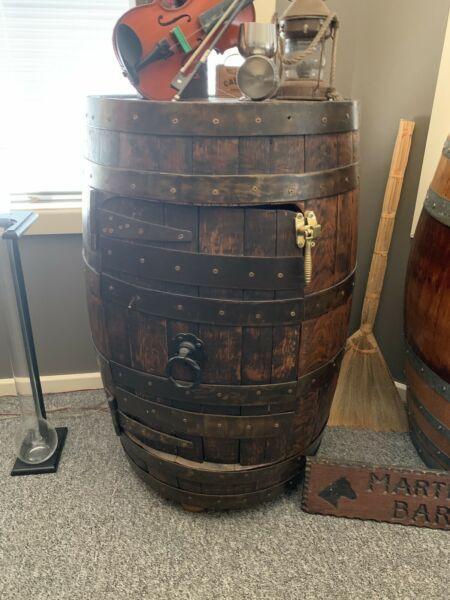 Hand made wooden Barrel bar cabinet