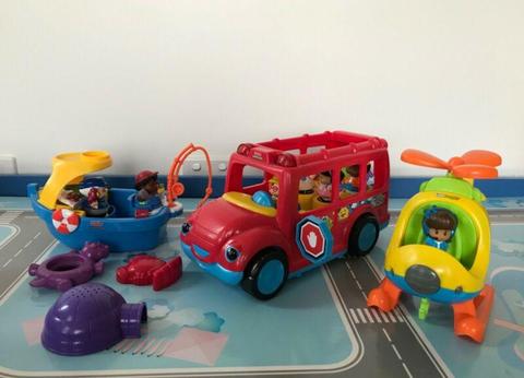 Fisher Price Little People School bus & Floaty boat & Helicopter
