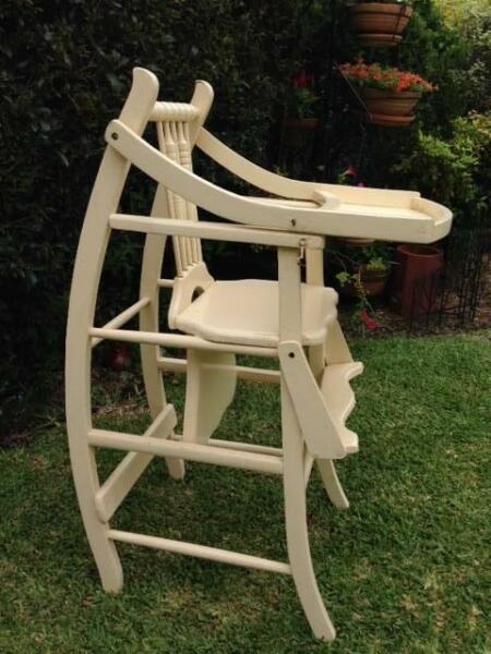 Baby wooden antique high chair converts to rocker