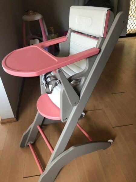 Wooden pink & grey high chair