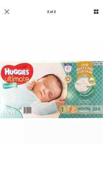 Huggies ultimate newborn nappies. 224 pack + 24 others. Unopened