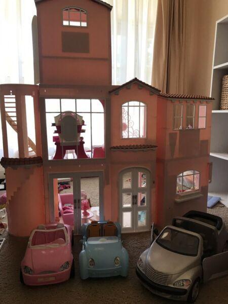 Barbie doll house, cars and accessories