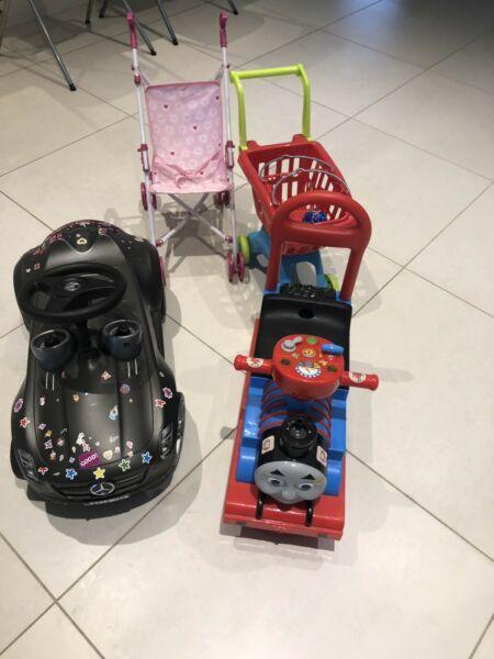 Four kids toy cars. Thomas the tank engine foot. Mercedes Toy car etc