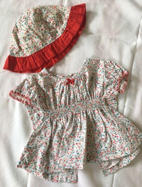 Vintage baby girl top and matching hat size 3-6 months 00