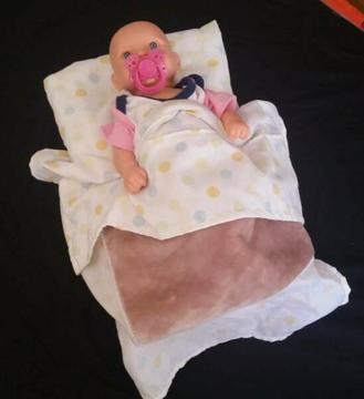 Toy Doll with handmade timber rocking Cot, Pillow & Blankets