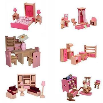 Pink Wooden Doll House Dolls House Furniture 6 Room set & 6 dolls
