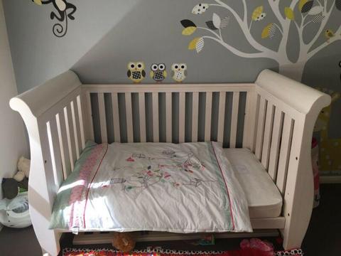 Boots sleigh cot, mattress, chest of drawers and change mat
