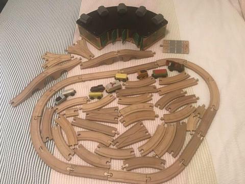 Wooden train track railway and Thomas the tank engine roundhouse