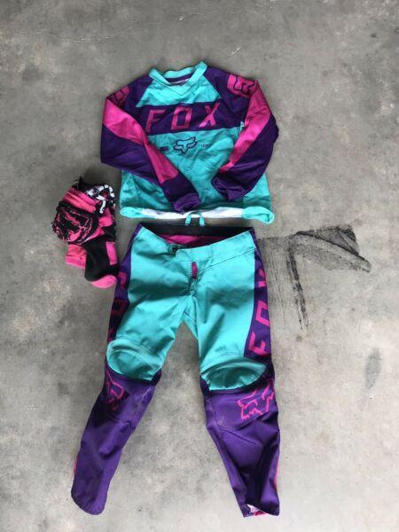 Fox Girls pink/green motorbike gear set size 5