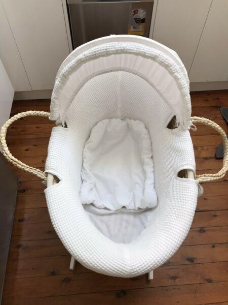 Moses basket plus timber rocking stand and linen