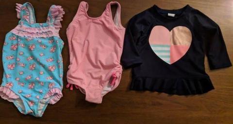 3x baby girl swimmers swimsuit togs long sleeve rashie pink navy