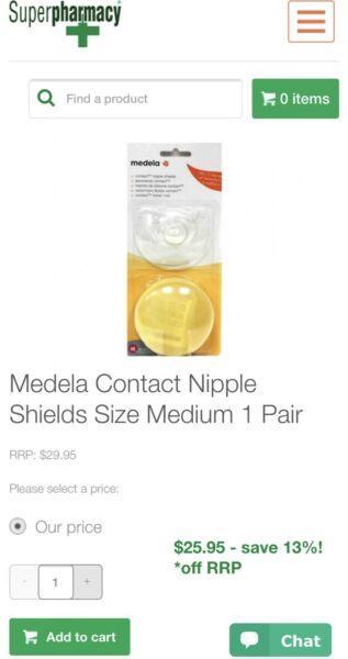 MEDELA contact nipple shield small & large $5 each