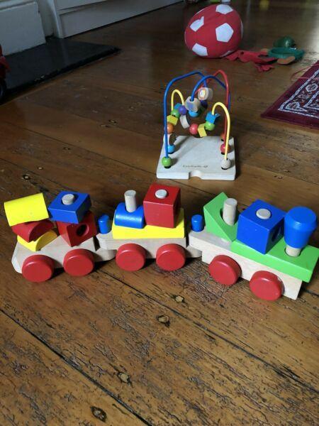 Wooden train set, puzzle and toy box