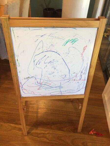 Easel with white board, chalk board & roll of paper