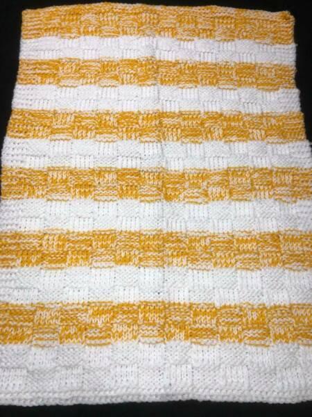 White and yellow oversized hand knit bassinet/stroller blanket