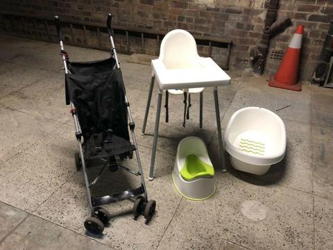 Baby / toddler startup kit: pram, high chair, potty, bath tub