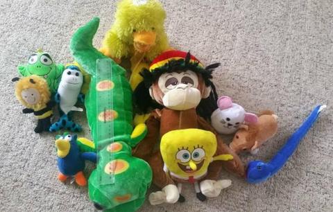 bag of soft plush toys various shapes and sizes