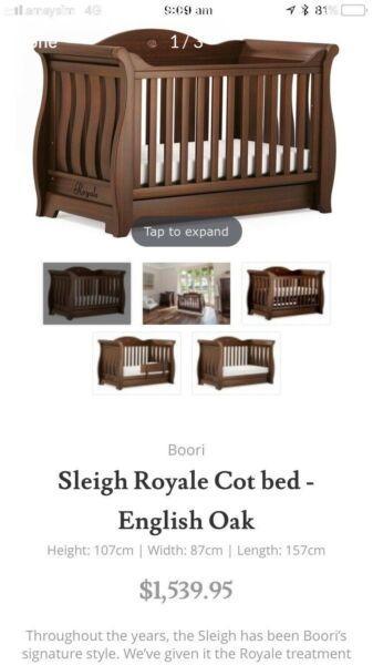 Boori Sleigh Royale English Oak Cot Bed Set