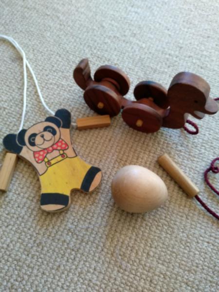 Wooden duck with egg, and climbing panda