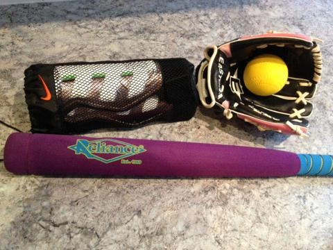 Softball set ( including bat , glove , ball , shin pads)